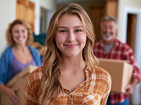 Young female college student moving her stuff out of home to a college dorm with her smiling parents in the background	
