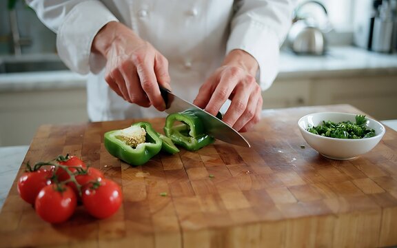 A chef carefully slices a green bell pepper on a wooden cutting board while preparing fresh ingredients in a modern kitchen