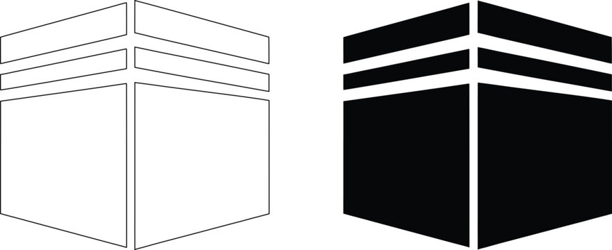 Islamic kaaba building icon set with outline and solid flat styles for hajj and umrah pilgrimage religious travel web.