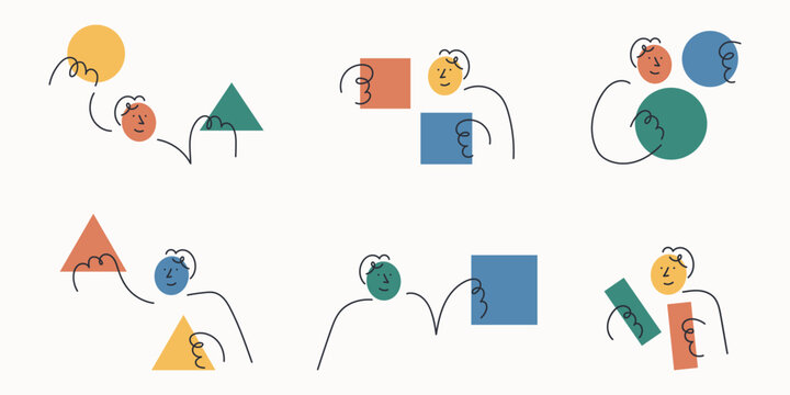 Doodle line character set with abstract people figures and geometric shapes. One line drawing minimalist vector illustration collection for modern creative design projects colorful.