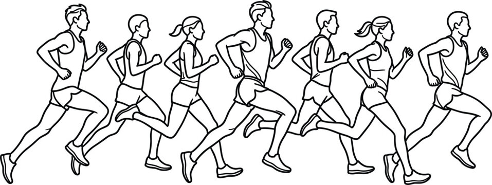 Marathon runners group side view illustration featuring diverse athletic men and women running racing together