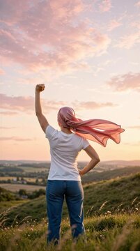 Woman in pink headscarf raises fist triumphantly at sunset over rural landscape.