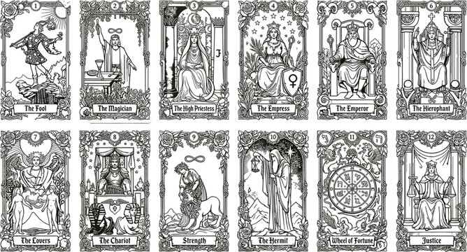 Major arcana tarot cards vector set featuring esoteric occult symbols mystic illustrations for spiritual divination designs