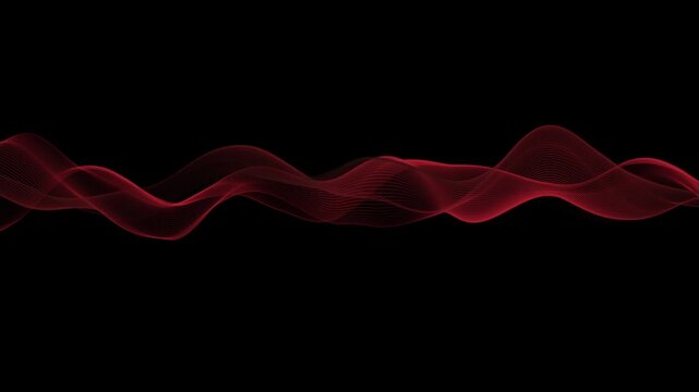 Abstract deep red neon waveform animation on a black background with smooth flowing light waves. Ideal for music visualizers, motion graphics, audio effects, technology themes, and digital creative pr