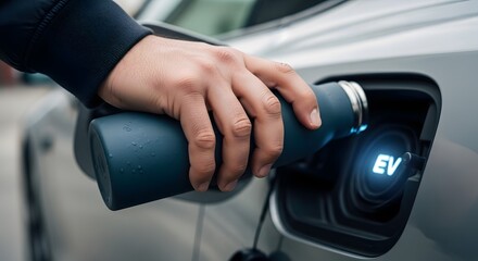 Naklejka premium Close-up of a hand plugging an electric vehicle charging cable into a cars charging port.