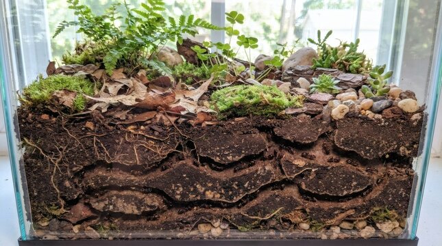 Ant Farm with Visible Colony and Elaborate Tunnel Network in Soil, Integrated with a Miniature Terrarium Ecosystem of Plants, Moss, and Leaves