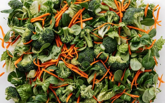Freshly chopped broccoli florets mixed with vibrant orange carrot shreds on a clean white surface ready for healthy cooking