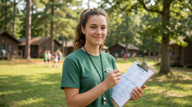 Young counselor holding schedule outdoors in sunny park for team activities
