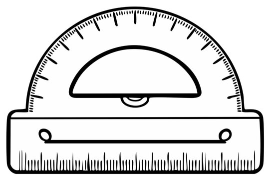Protractor illustration for geometric measurement showing angles and degrees for math education activities in a black and white drawing