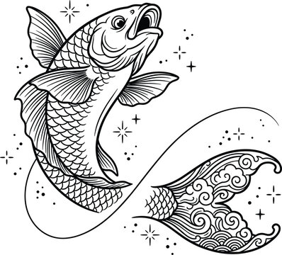 Mystical jumping fish vector illustration with oriental wave patterns and starry sparkles for creative tattoo designs