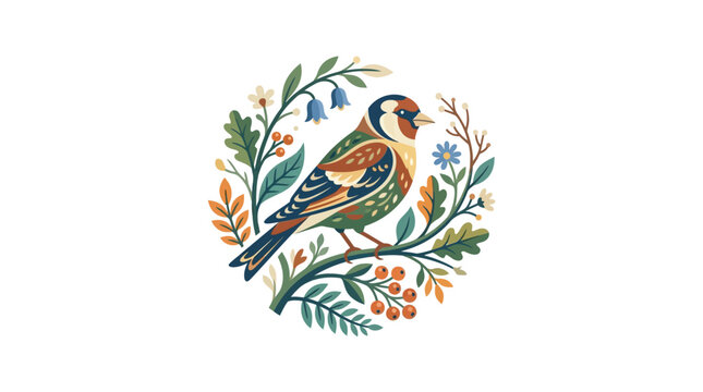 Colorful finch on branch with blue berries
