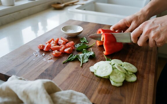 A person carefully slices fresh vegetables including tomatoes and cucumbers on a wooden cutting board in a bright kitchen setting