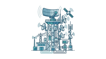 Fototapeta premium Complex communication tower with multiple satellite dishes antennas.