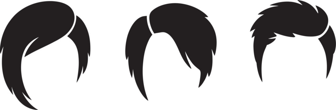 Men's hairstyle icon set featuring modern haircut silhouettes and man hair styles in outline, solid and colored vector designs for barber shops, salons, grooming services and fashion concepts.