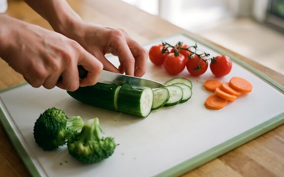 A person is slicing fresh cucumber on a cutting board next to chopped tomatoes broccoli and carrots for a healthy meal preparation