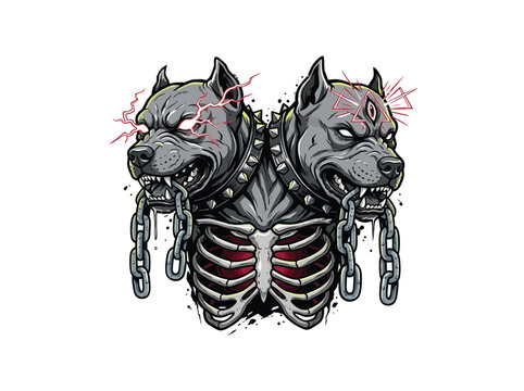 Aggressive Two-Headed Pitbull Monster Illustration With Muscular Anatomy, Exposed Ribcage, Chains, Spikes, Lightning Effects, And Mystical Eyes For Dark Fantasy Artwork Vector Illustration