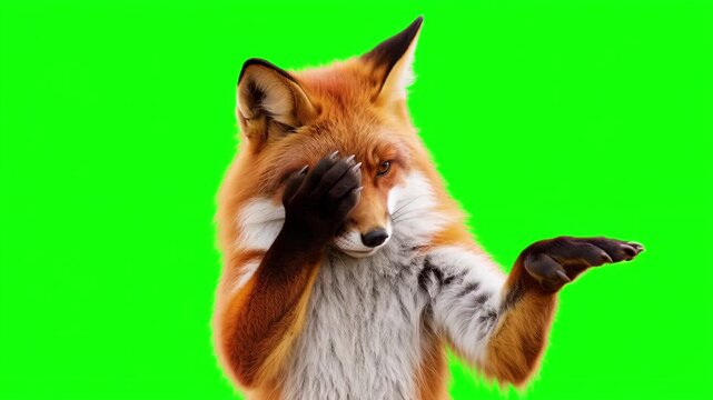 Realistic fox pointing right doing facepalm gesture, frustrated mistake presentation concept isolated on chroma key green screen background. 3D.