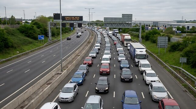 An elevated view captures the extensive traffic build-up on a major multi-lane highway, with countless cars and lorries inching along during what appears to be a peak travel period or unforeseen delay