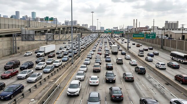 A panoramic view of an expansive urban highway at a standstill, showcasing the challenges of daily commuting and metropolitan transportation infrastructure