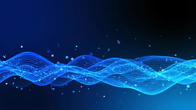 Abstract blue digital wave background with glowing particles and light streaks