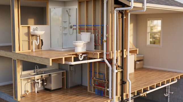 Detailed 3D Cross-Section of a Residential Home Construction Showing Interior Plumbing System, Bathroom Fixtures, Kitchen Appliances, and Wood Framing