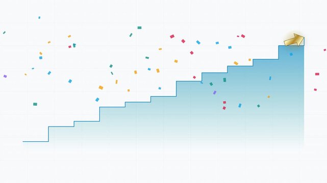 Dynamic motion of ascending bar chart with colorful confetti celebrating success and growth in a lively motion.