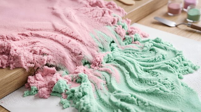 Shifting kinetic sand in pastel pink and green hues close up photo