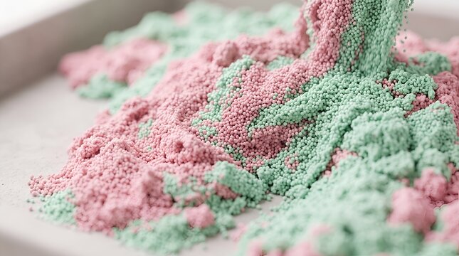 Shifting kinetic sand in pastel pink and green hues close up view