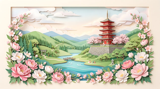 Layered paper art pagoda landscape with peony border paperart landscape mountains artistic illustration oriental traditional background creative botanical
