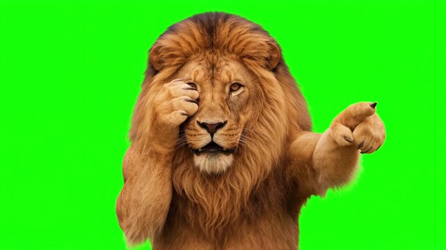 Realistic lion pointing right doing facepalm gesture, frustrated mistake presentation concept isolated on chroma key green screen background. 3D.
