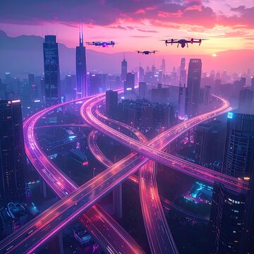 Neon city highways & drones at dusk