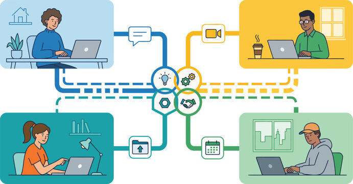 Remote team collaboration vector illustration, digital workspace with people working on laptops, virtual meeting and global connectivity concept