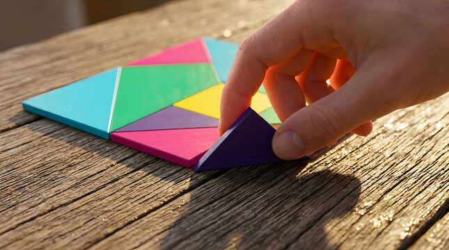 Hand placing colorful tangram piece | Wooden geometry puzzle brain teaser | Problem solving and logic concept | Educational toys for cognitive development