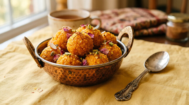 Traditional indian sweet laddoo served in an ornate metal bowl with traditional delicious homemade cultural culinary vegetarian