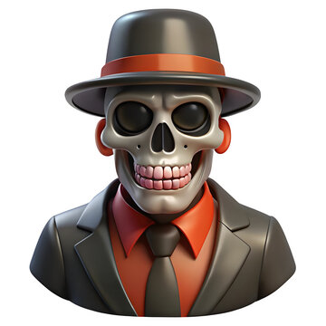 3d illustration of a stylized skeleton character wearing a suit and fedora hat isolated on transparent background