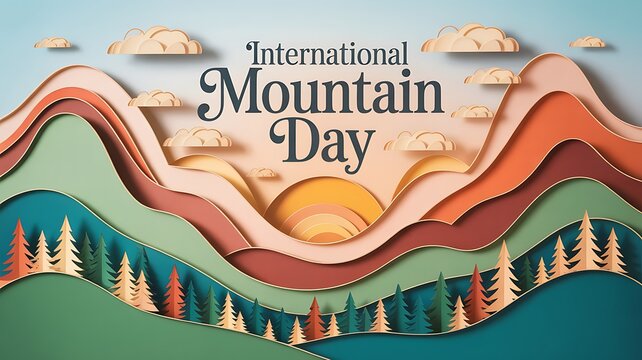 International mountain day paper cutout style illustration with snowy peaks and pine forest mountain landscape papercraft illustration international outdoors wildlife environmental adventure