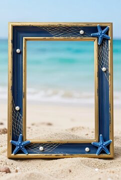 Blue and gold nautical picture frame on sandy beach