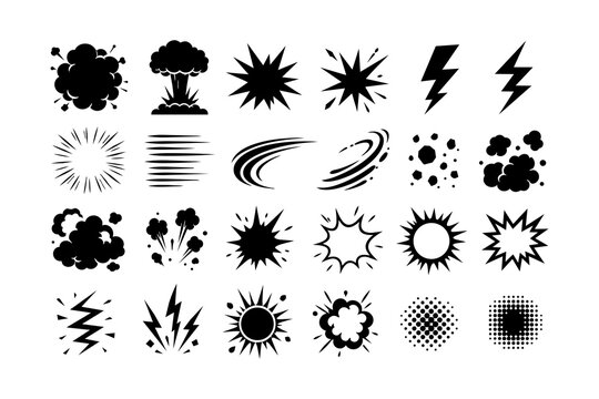 Comic explosion silhouettes set, black boom cloud bolt and halftone