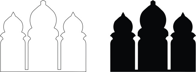 Mosque architectural landmark silhouette and line art set featuring three domes isolated on clear transparent grid background. © Rupasi