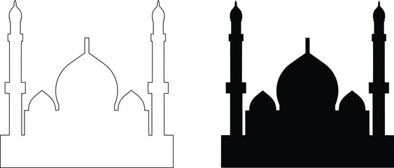 Mosque outline and silhouette with domes and minarets on transparent background for Ramadan. © Rupasi