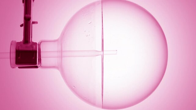 Close slow motion shot of clear pink transparent liquid injected through a long dropper into a round-bottom flask, causing swirls and bubbles on pink ramp background