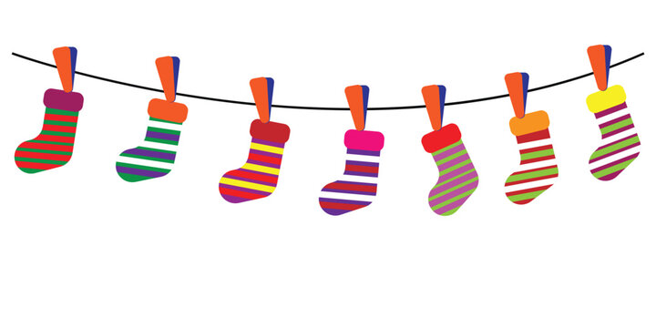 Christmas socks hung on clothesline illustration, colorful striped stockings hanging on a rope.