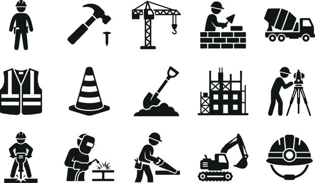 Construction Site Worker and Heavy Machinery Silhouette Icons Vector Set