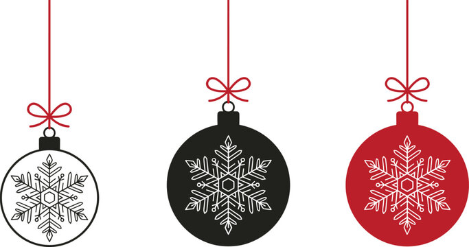 Three hanging christmas bauble silhouettes with fine snowflake details and red strings on plain white background vector