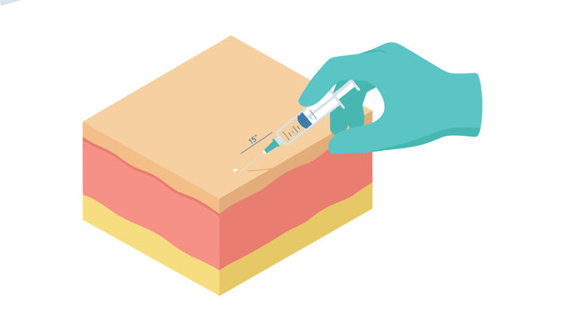 Medical illustration showing a gloved hand administering an intradermal injection at a precise fifteen degree angle.