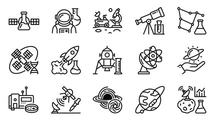 Professional Black and White Line Icons Set Featuring Space Science Astronomy and Technology Equipment © Mini