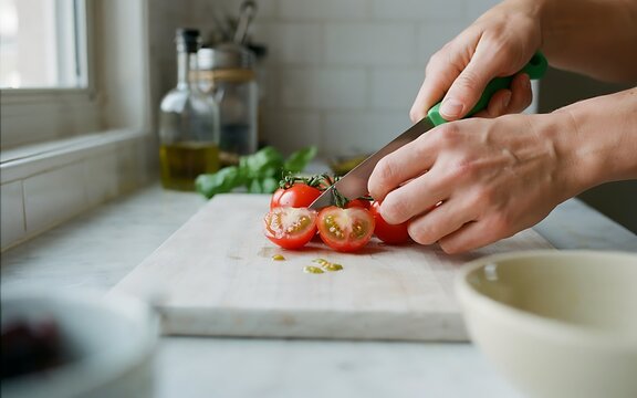 A person carefully slices fresh tomatoes on a wooden cutting board in a bright modern kitchen using a green-handled knife