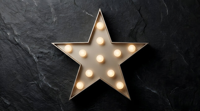 Vintage marquee star light on black stone background | Luxury awards ceremony decoration with LED bulbs | Hollywood style illuminated star sign for parties | Elegant metallic wall decor