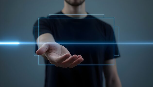Man in a black shirt extending his hand forward with glowing blue holographic rectangles, symbolizing futuristic technology, innovation, and digital interaction