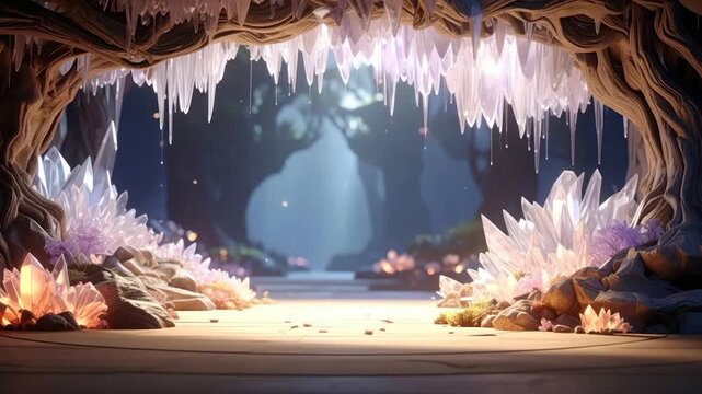 Magical crystal cave opening into an enchanted forest.